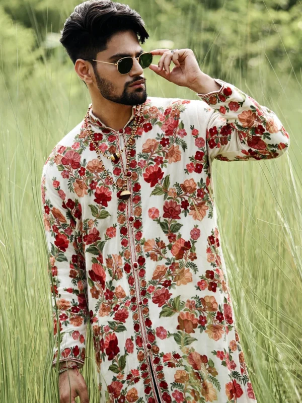 White Men Long Coat with Kashmiri Embroidery