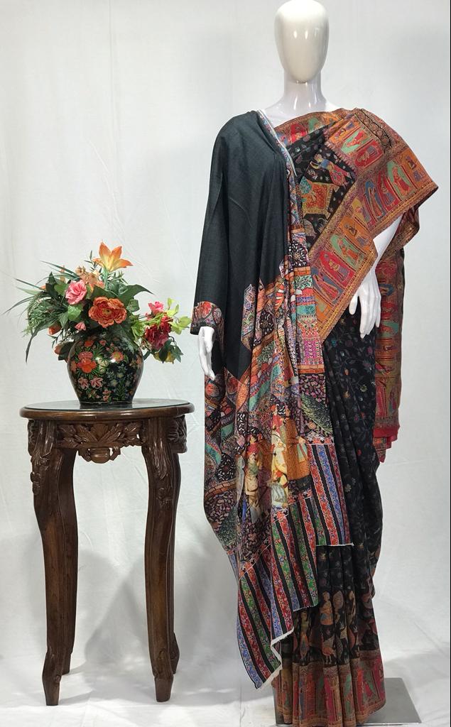 Bara Pana Mughal Darbar Black Kalamkari Shawl Bara Pana Mughal Darbar Black Kalamkari Shawl