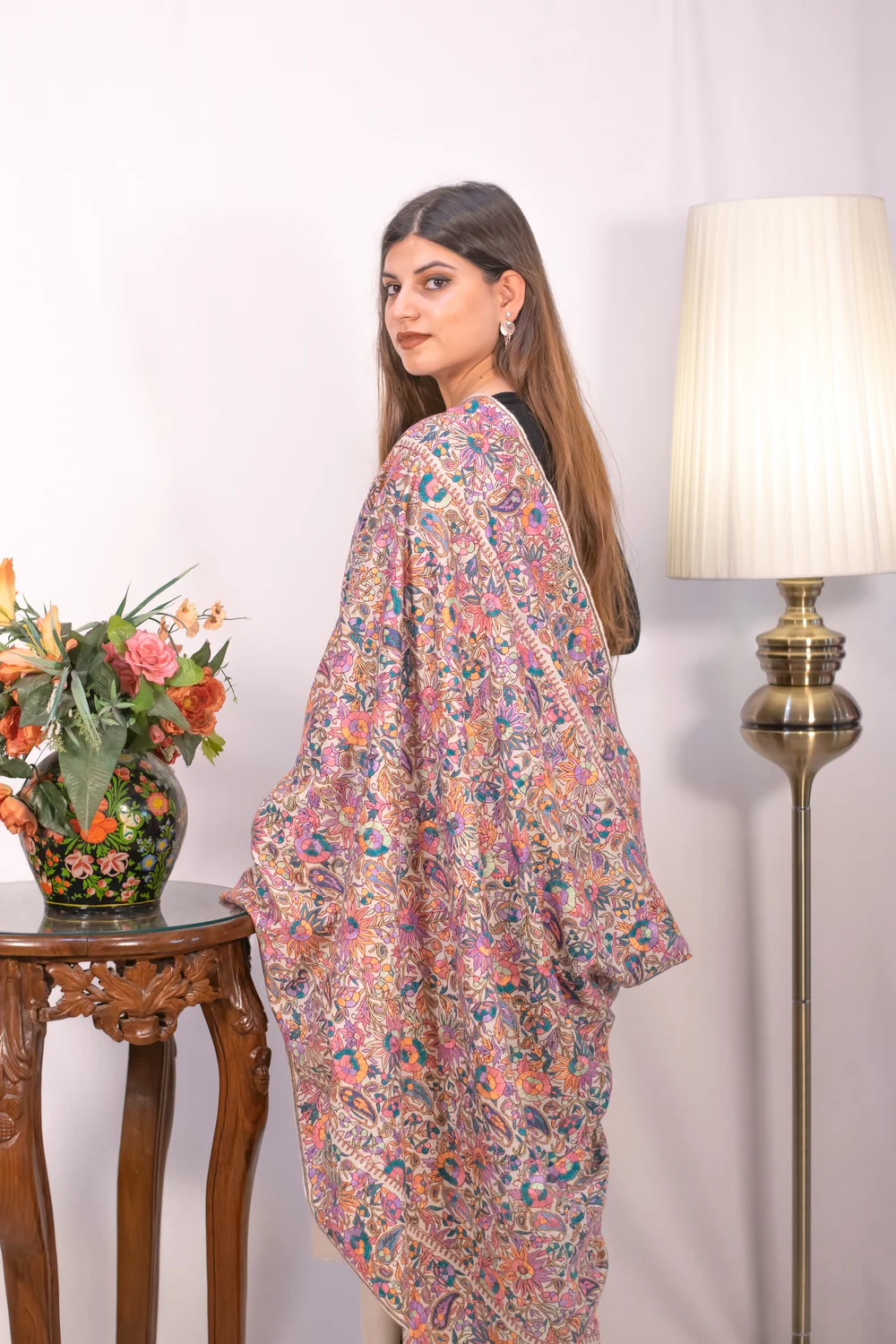 Cream Pure Pashmina Shawl With Papier Mache Jama Hand Embroidery front Cream Pure Pashmina Shawl With Papier Mache Jama Hand Embroidery front