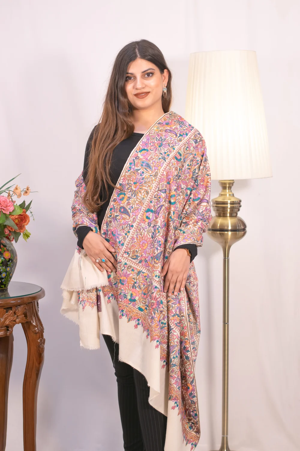 Cream Pure Pashmina Shawl With Papier Mache Jama Hand Embroidery Cream Pure Pashmina Shawl With Papier Mache Jama Hand Embroidery