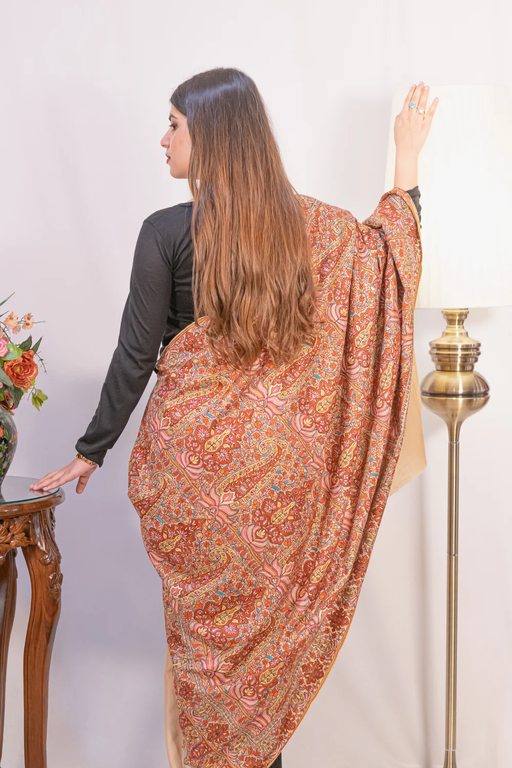 Beige Pure Pashmina Shawl With Multi-Colour Sozni Jamawar Hand Embroidery front Beige Pure Pashmina Shawl With Multi-Colour Sozni Jamawar Hand Embroidery front
