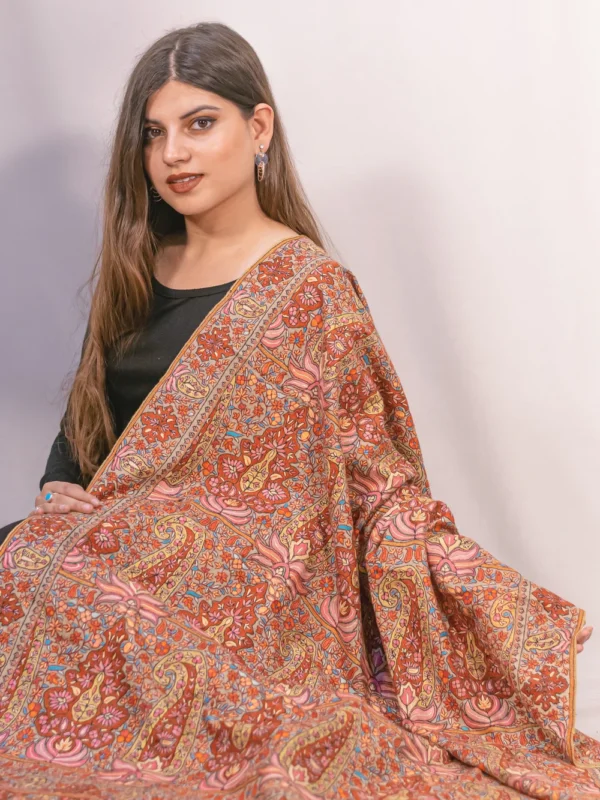 Beige Pure Pashmina Shawl With Multi-Colour Sozni Jamawar Hand Embroidery