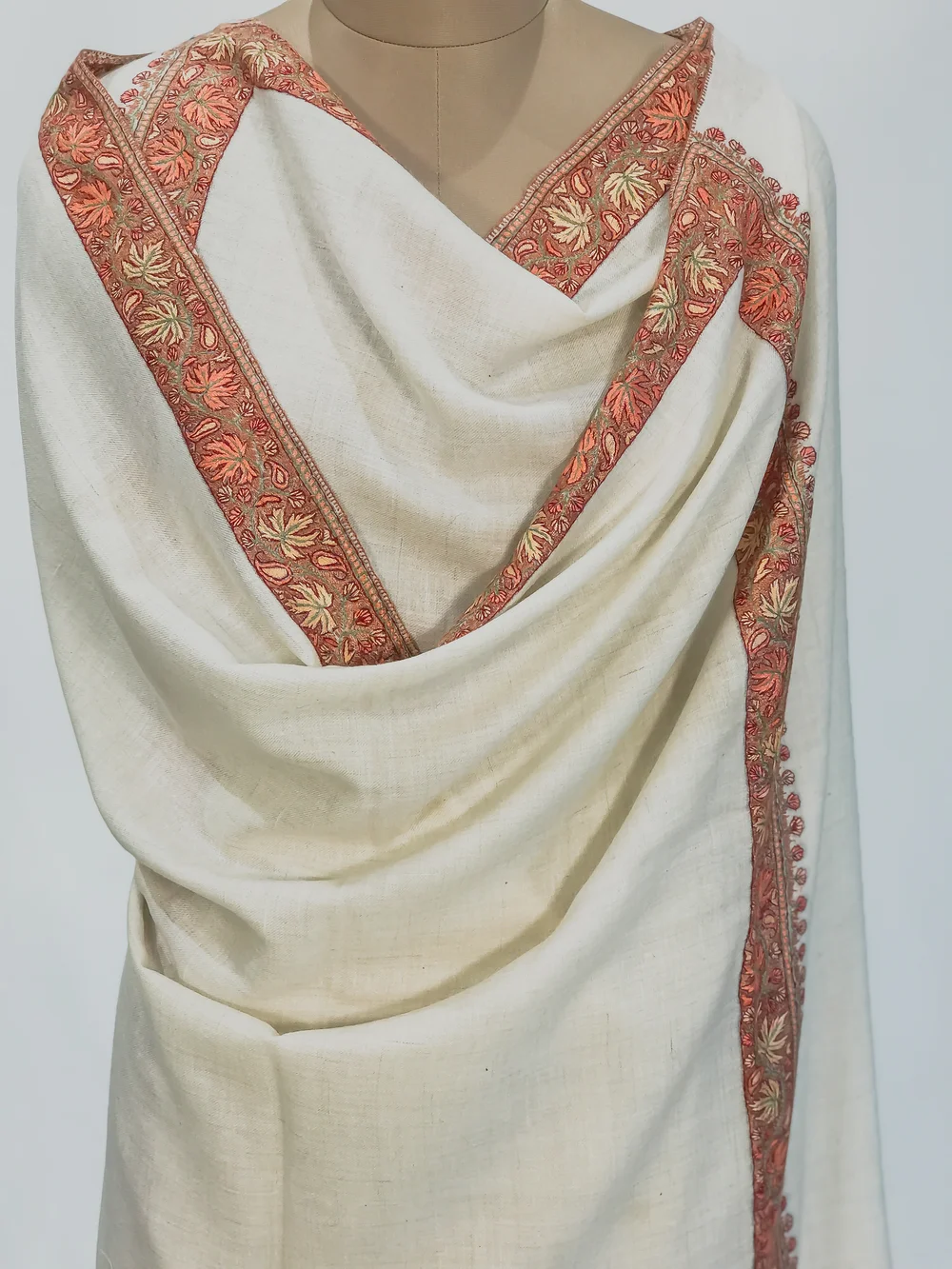 Ivory Cream Pure Pashmina Shawl With Sozni Hand Embroidery Front Ivory Cream Pure Pashmina Shawl With Sozni Hand Embroidery Front