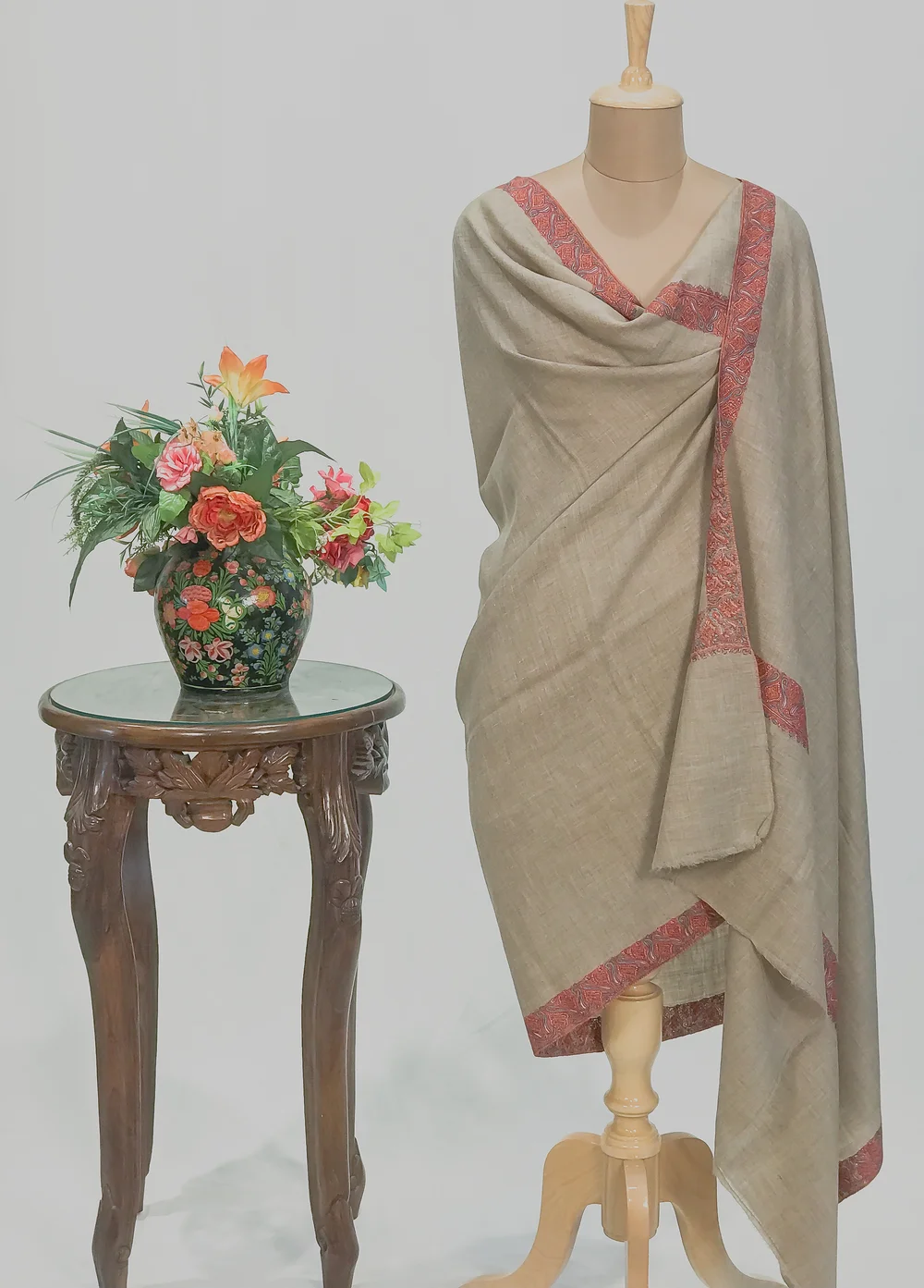 Gray Pure Pashmina Shawl With Sozni Hand Embroidery