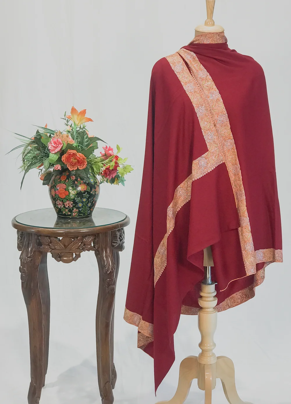 Carmine Maroon Pure Pashmina Shawl With Sozni Hand Embroidery