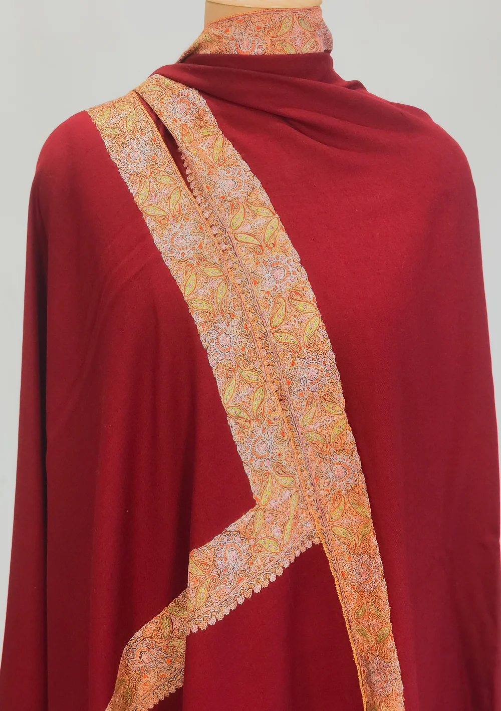Carmine Maroon Pure Pashmina Shawl With Sozni Hand Embroidery Front
