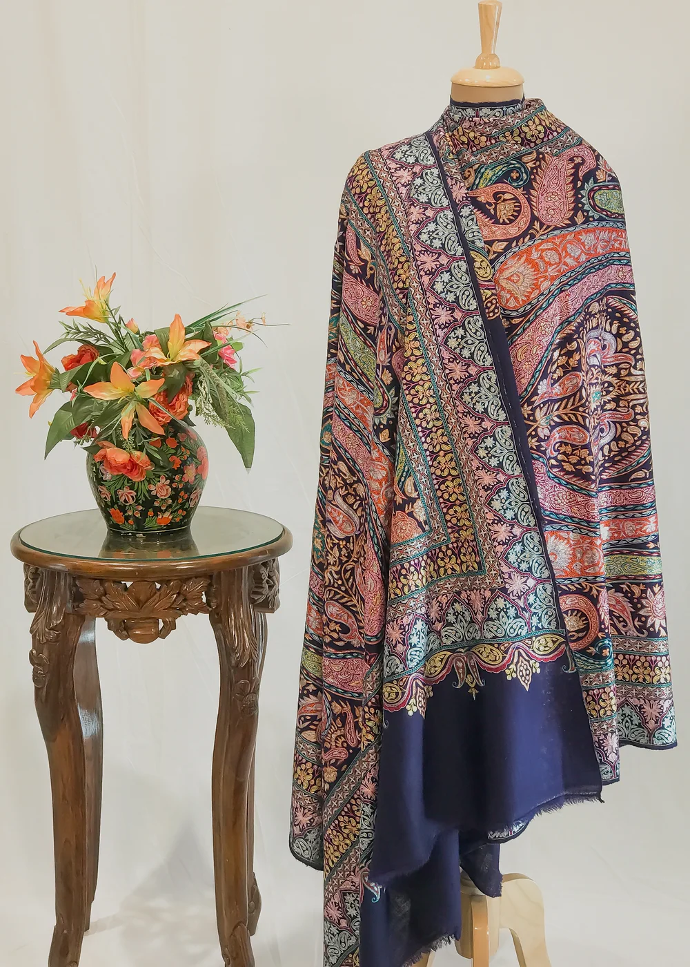 Navy Blue Pure Pashmina Shawl With Multi-Colour Jama Hand Embroidery Navy Blue Pure Pashmina Shawl With Multi-Colour Jama Hand Embroidery