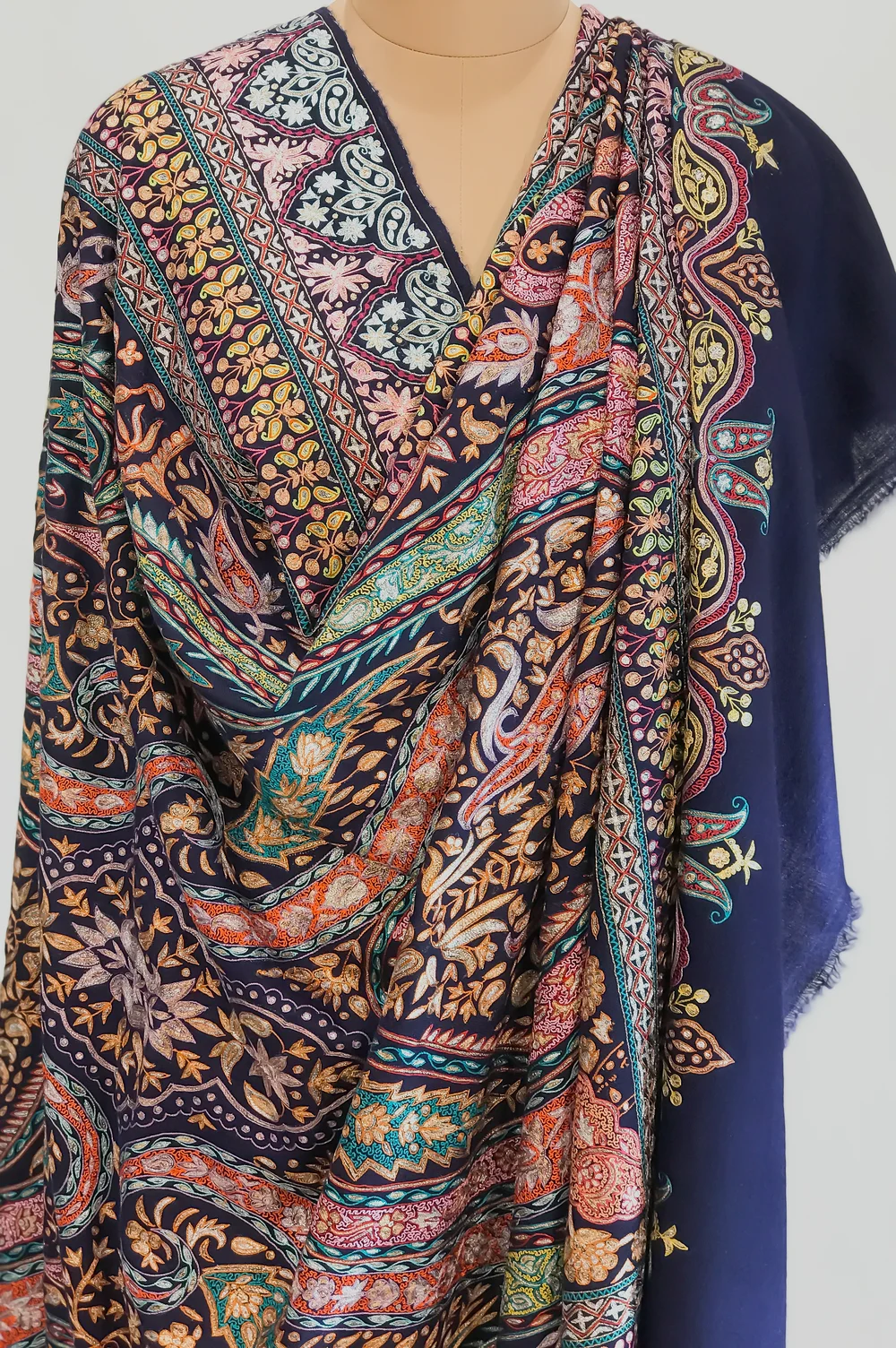 Navy Blue Pure Pashmina Shawl With Multi-Colour Jama Hand Embroidery Front Navy Blue Pure Pashmina Shawl With Multi-Colour Jama Hand Embroidery Front
