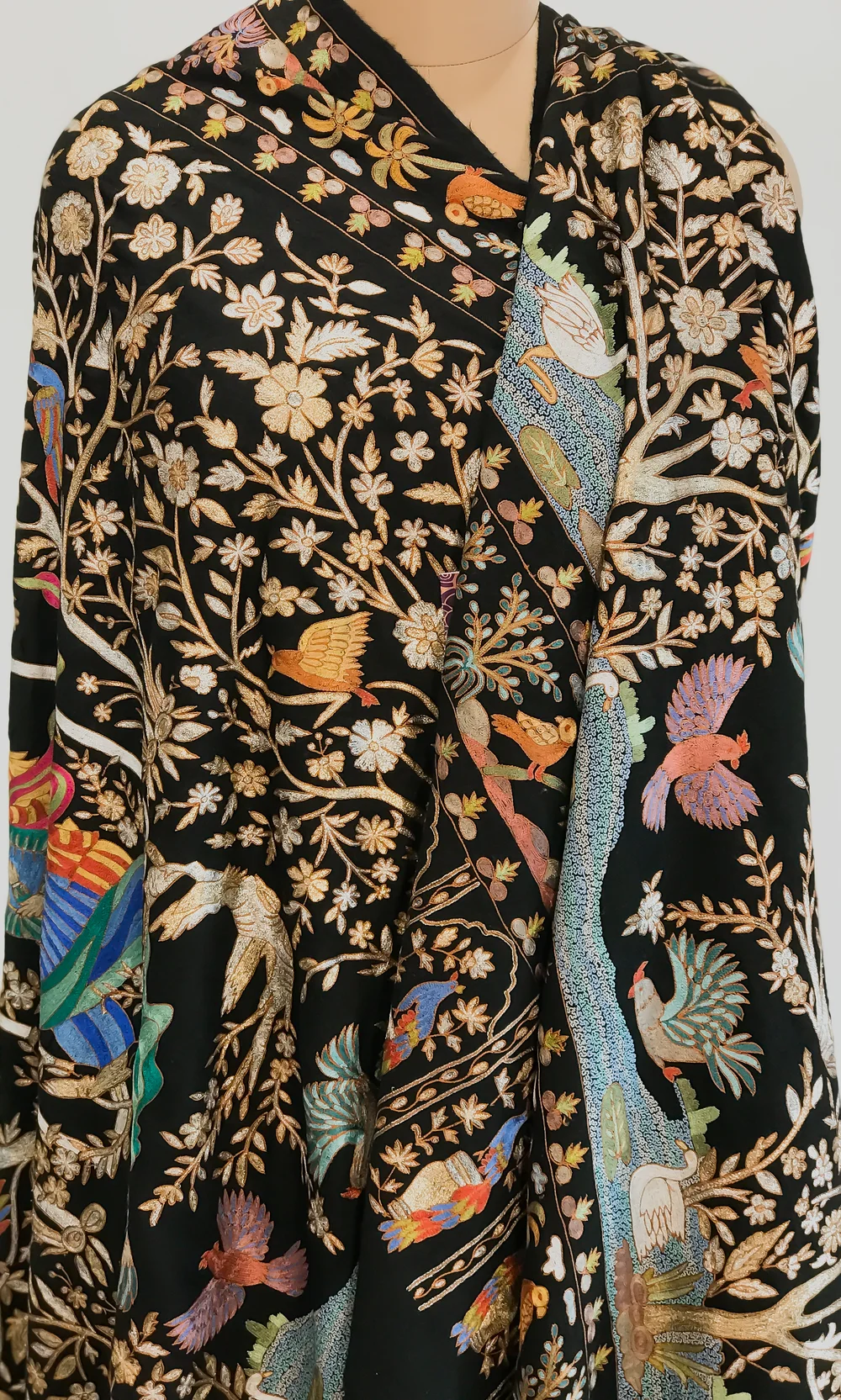 Black Pure Pashmina Shawl With Multi-Colour Jama Hand Embroidery Front