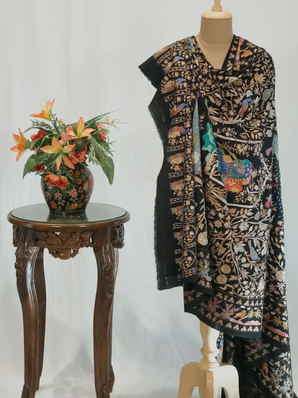 Black Pure Pashmina Shawl With Multi-Colour Jama Hand Embroidery