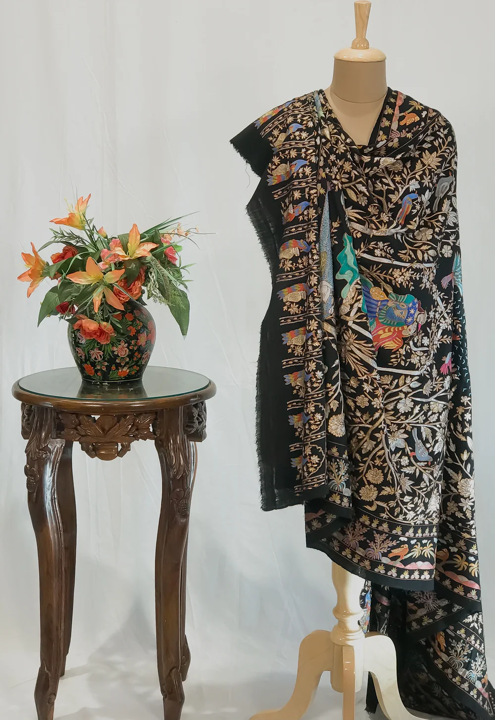 Black Pure Pashmina Shawl With Multi-Colour Jama Hand Embroidery