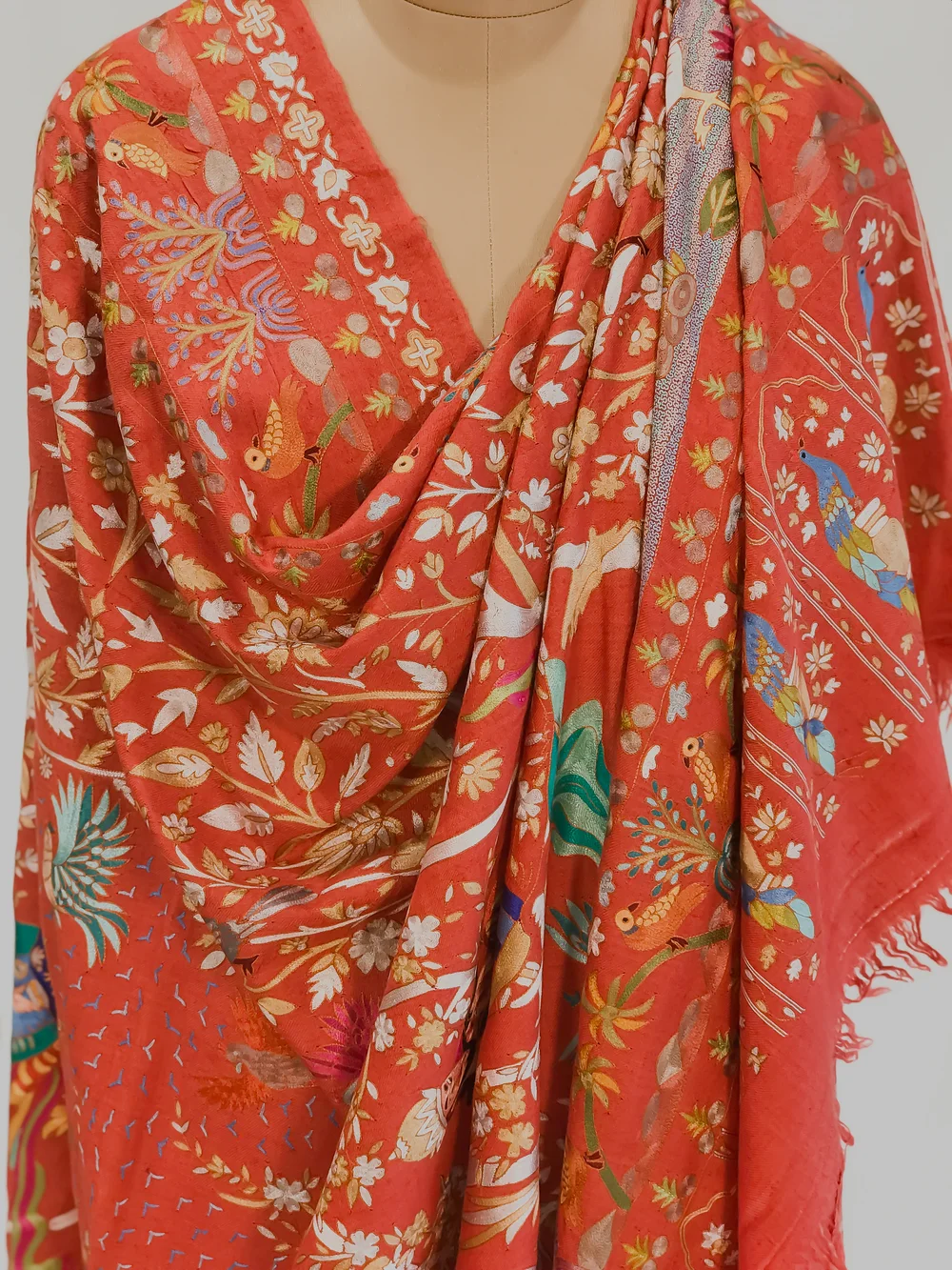 Peach Pure Pashmina Shawl With Multi-Colour Jama Hand Embroidery Front Peach Pure Pashmina Shawl With Multi-Colour Jama Hand Embroidery Front