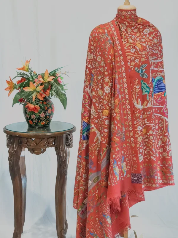 Peach Pure Pashmina Shawl With Multi-Colour Jama Hand Embroidery