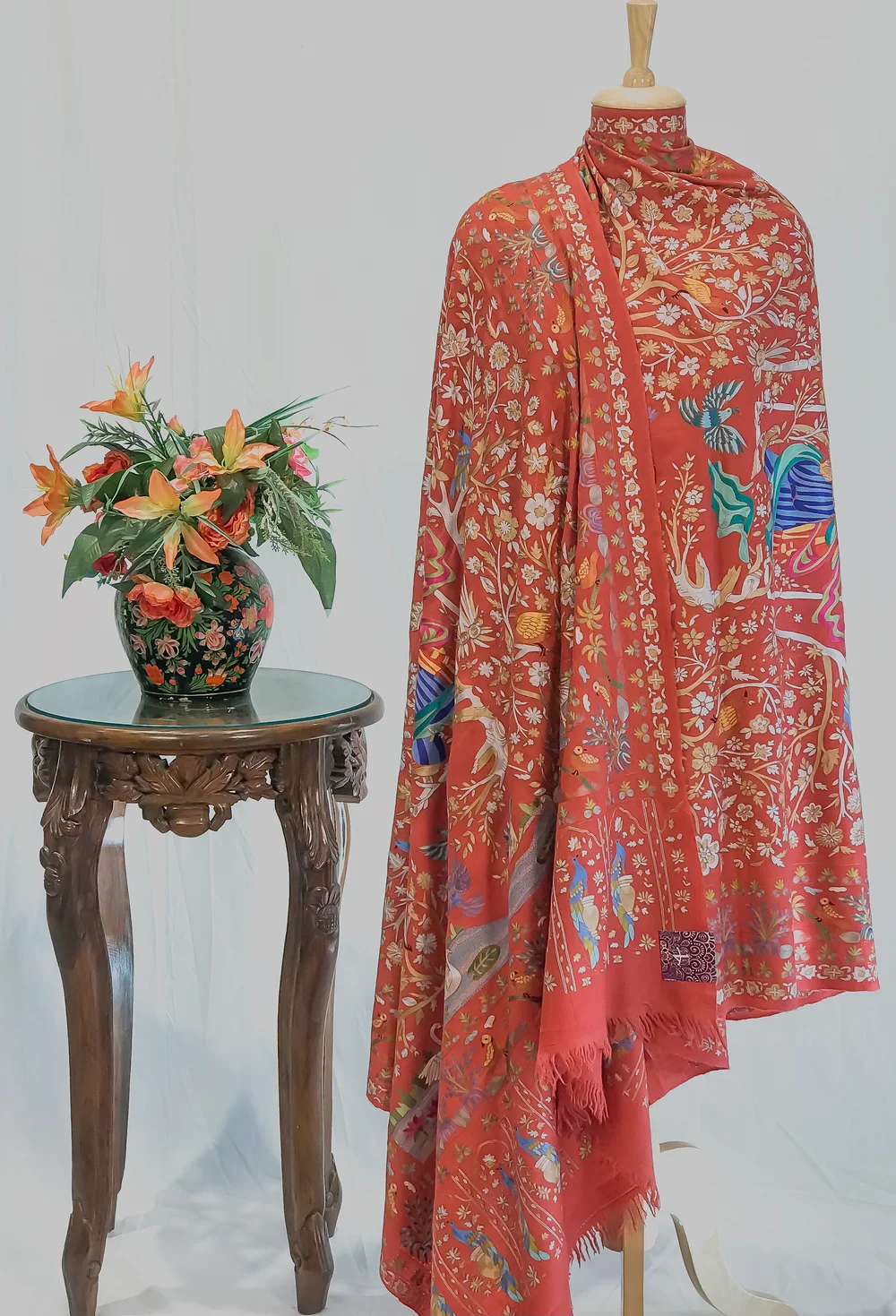 Peach Pure Pashmina Shawl With Multi-Colour Jama Hand Embroidery Peach Pure Pashmina Shawl With Multi-Colour Jama Hand Embroidery