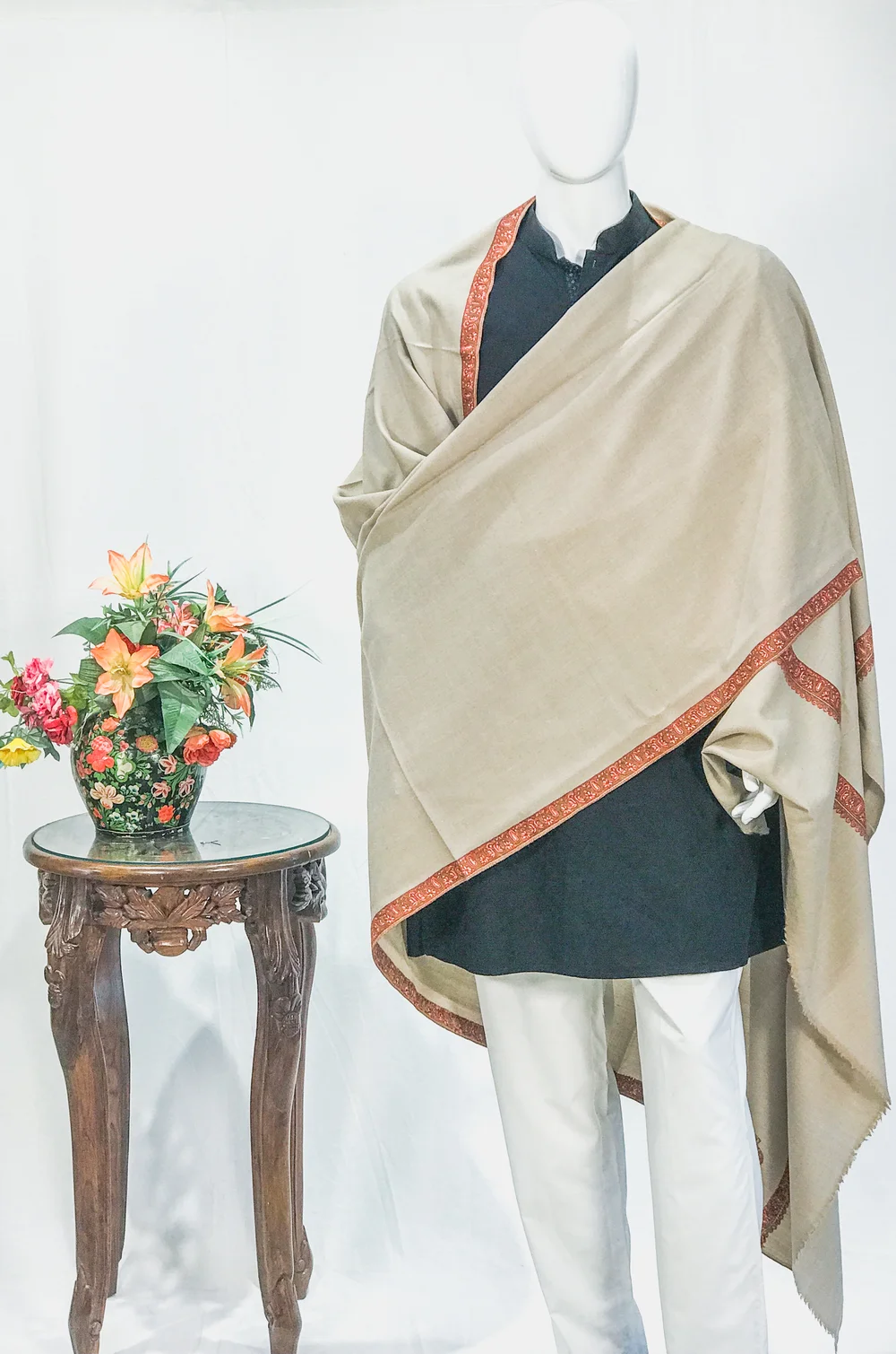 Natural Beige Pure Pashmina Shawl With Paisley Sozni Hand Embroidery