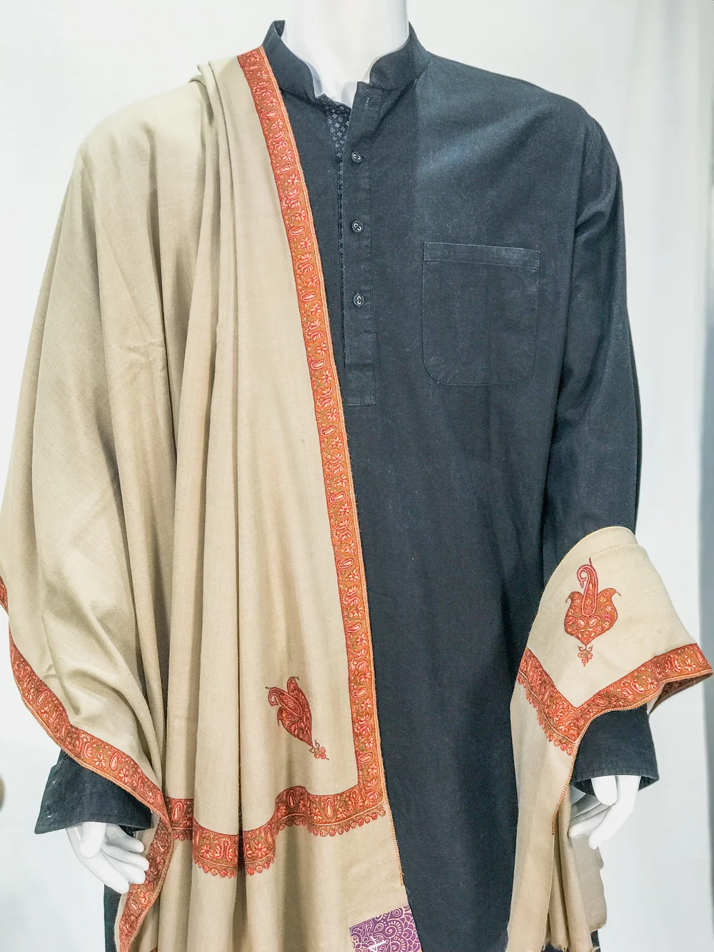 Natural Beige Pure Pashmina Shawl With Paisley Sozni Hand Embroidery Front