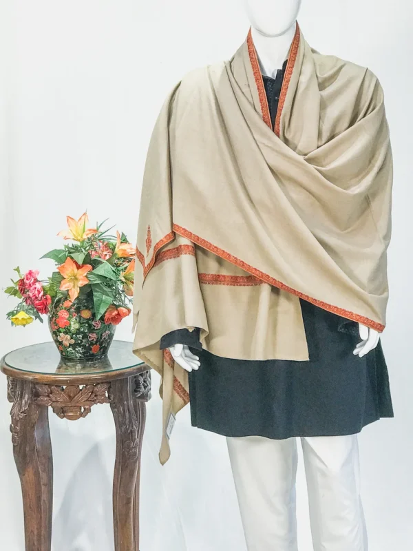 Natural Beige Pure Pashmina Shawl With Floral and Paisley Sozni Hand Embroidery