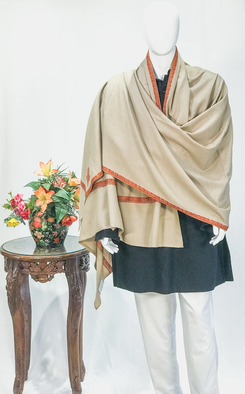 Natural Beige Pure Pashmina Shawl With Floral and Paisley Sozni Hand Embroidery