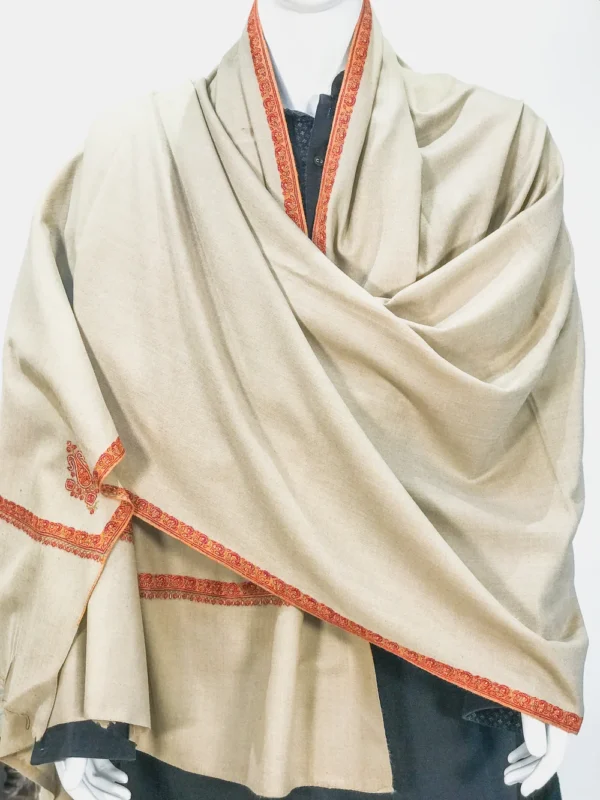 Natural Beige Pure Pashmina Shawl With Floral and Paisley Sozni Hand Embroidery Front