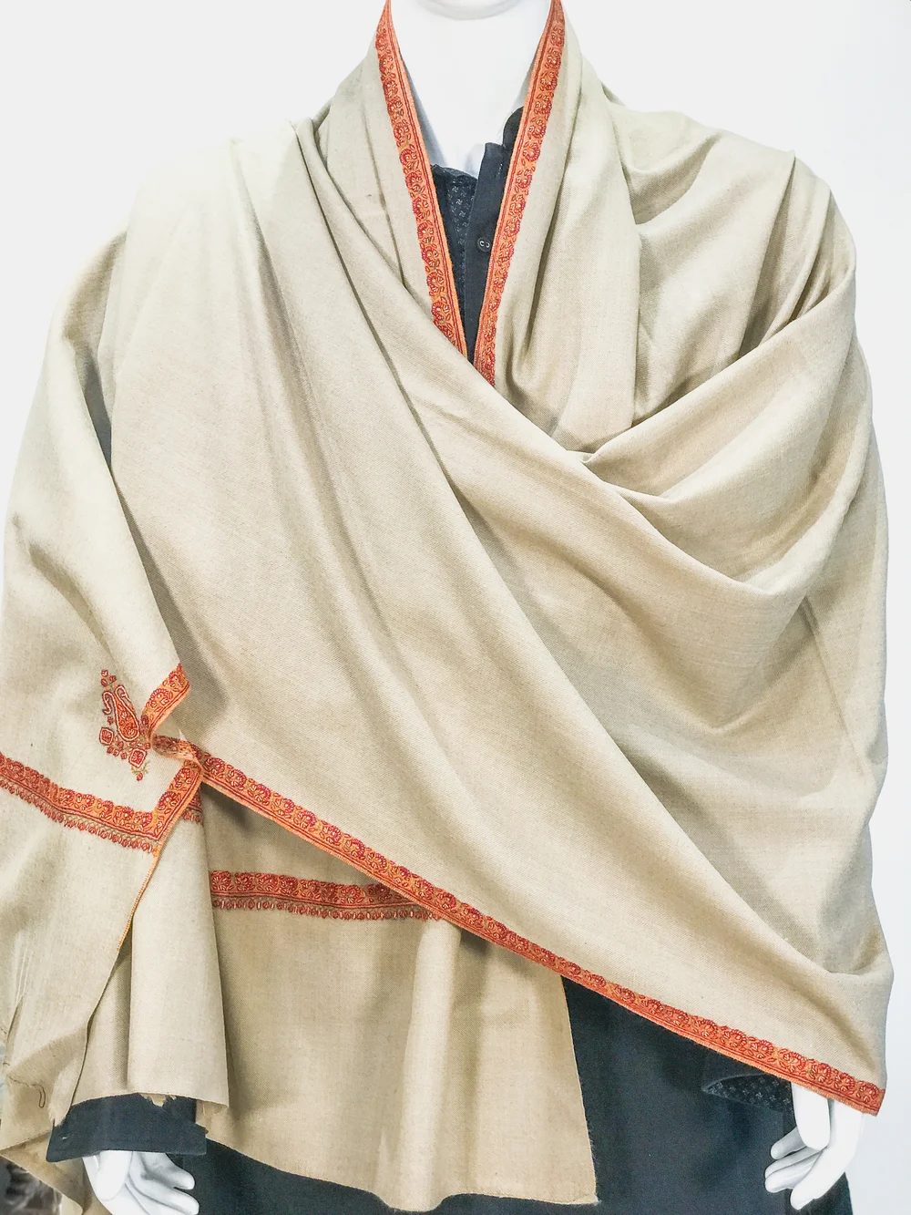 Natural Beige Pure Pashmina Shawl With Floral and Paisley Sozni Hand Embroidery Front