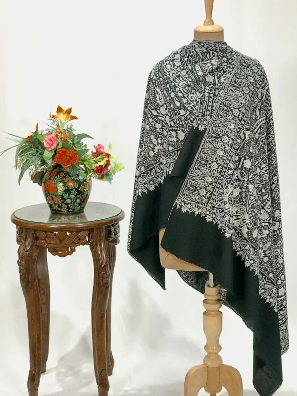 Black Pure Pashmina Shawl With Papier Mache Jama Hand Embroidery