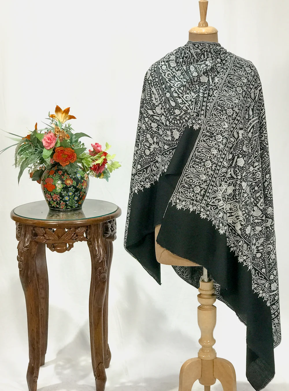 Black Pure Pashmina Shawl With Papier Mache Jama Hand Embroidery