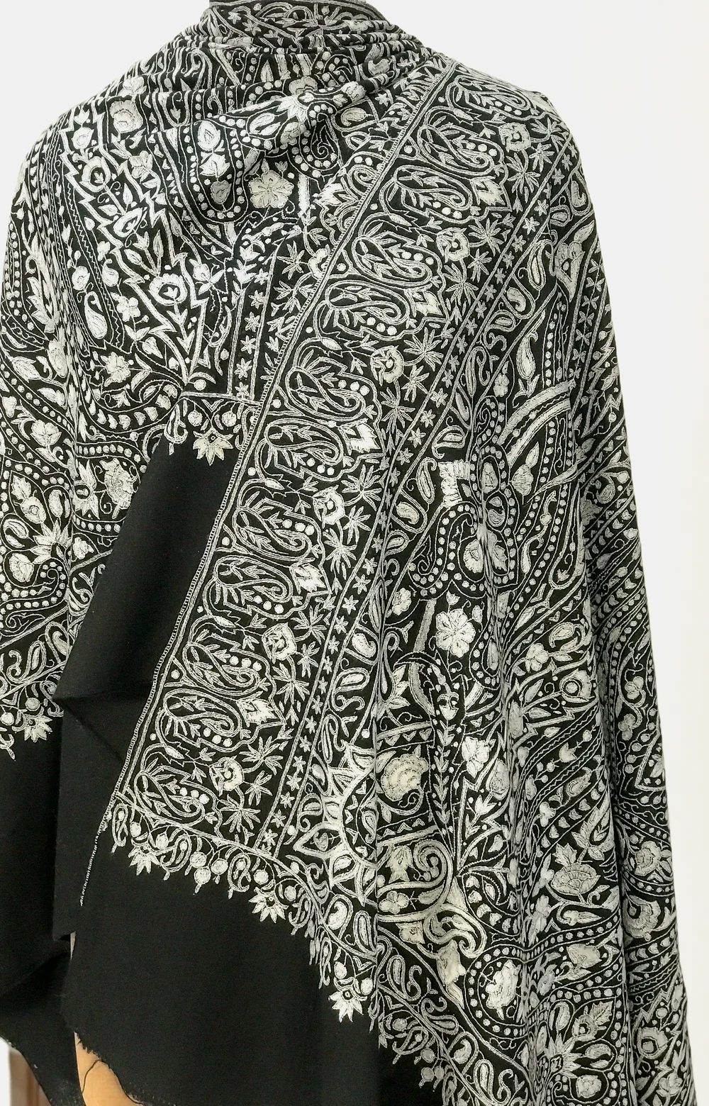 Black Pure Pashmina Shawl With Papier Mache Jama Hand Embroidery Front
