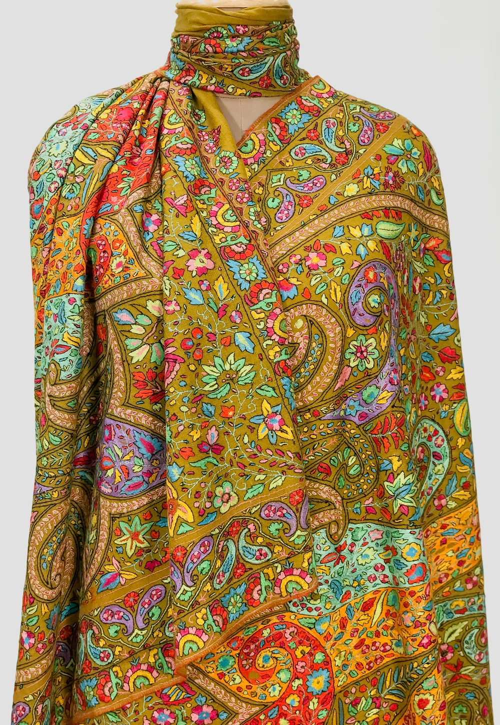 Medallion Yellow Pure Pashmina Shawl With Papier Mache Jama Hand Embroidery Front