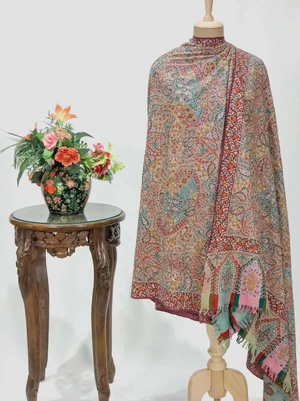 Peach Pure Pashmina Shawl with Multi-Color Kalamkari Hand Painted Embroidery