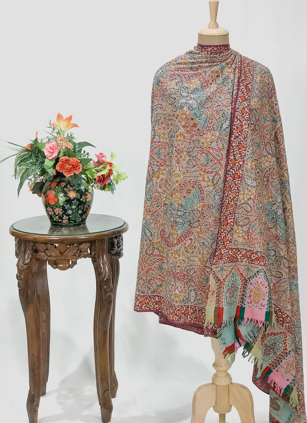 Peach Pure Pashmina Shawl with Multi-Color Kalamkari Hand Painted Embroidery