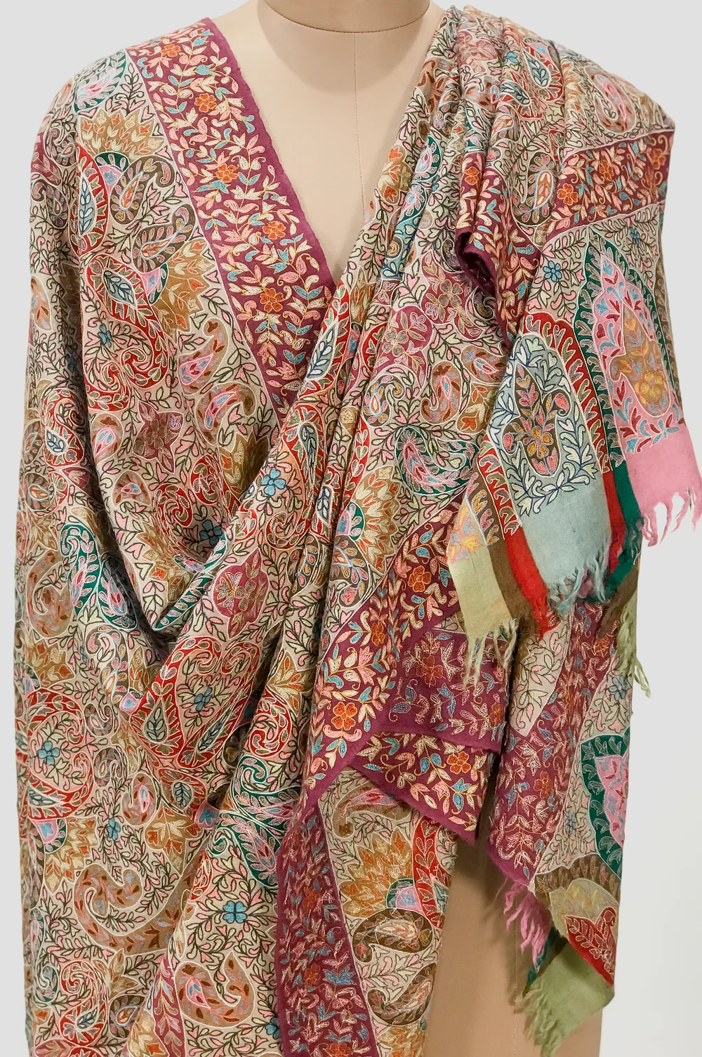 Peach Pure Pashmina Shawl with Multi-Color Kalamkari Hand Painted Embroidery Front