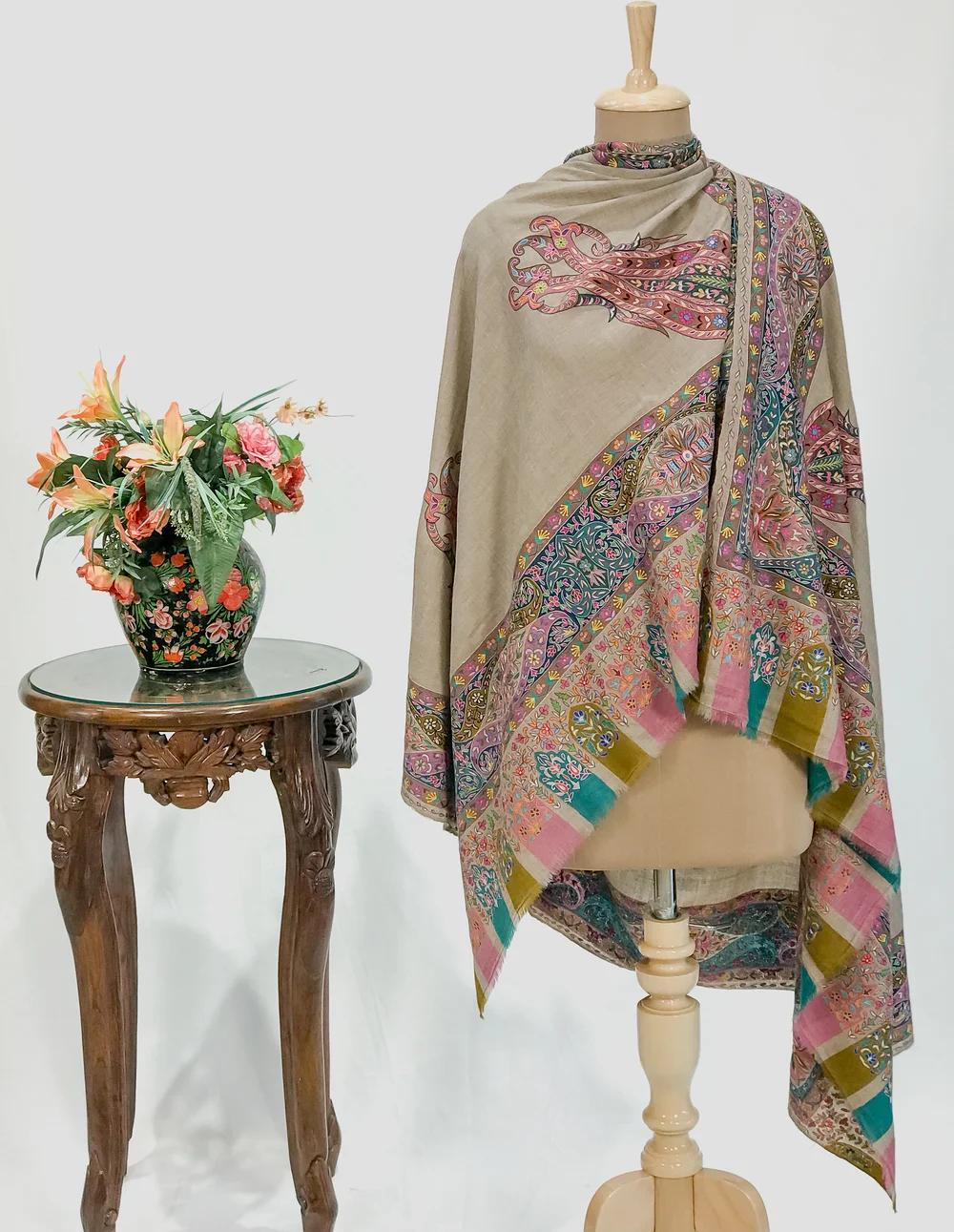 Natural Pure Pashmina Shawl with Multi-Color Kalamkari Hand Painted Embroidery