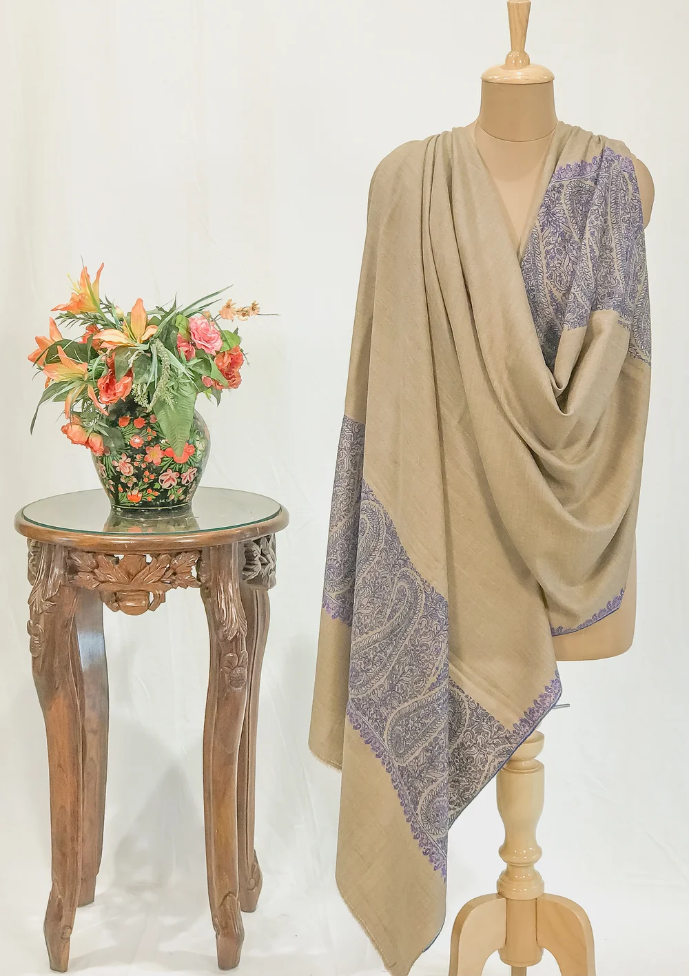 Light Natural Pure Pashmina Shawl With Sozni Hand Embroidery