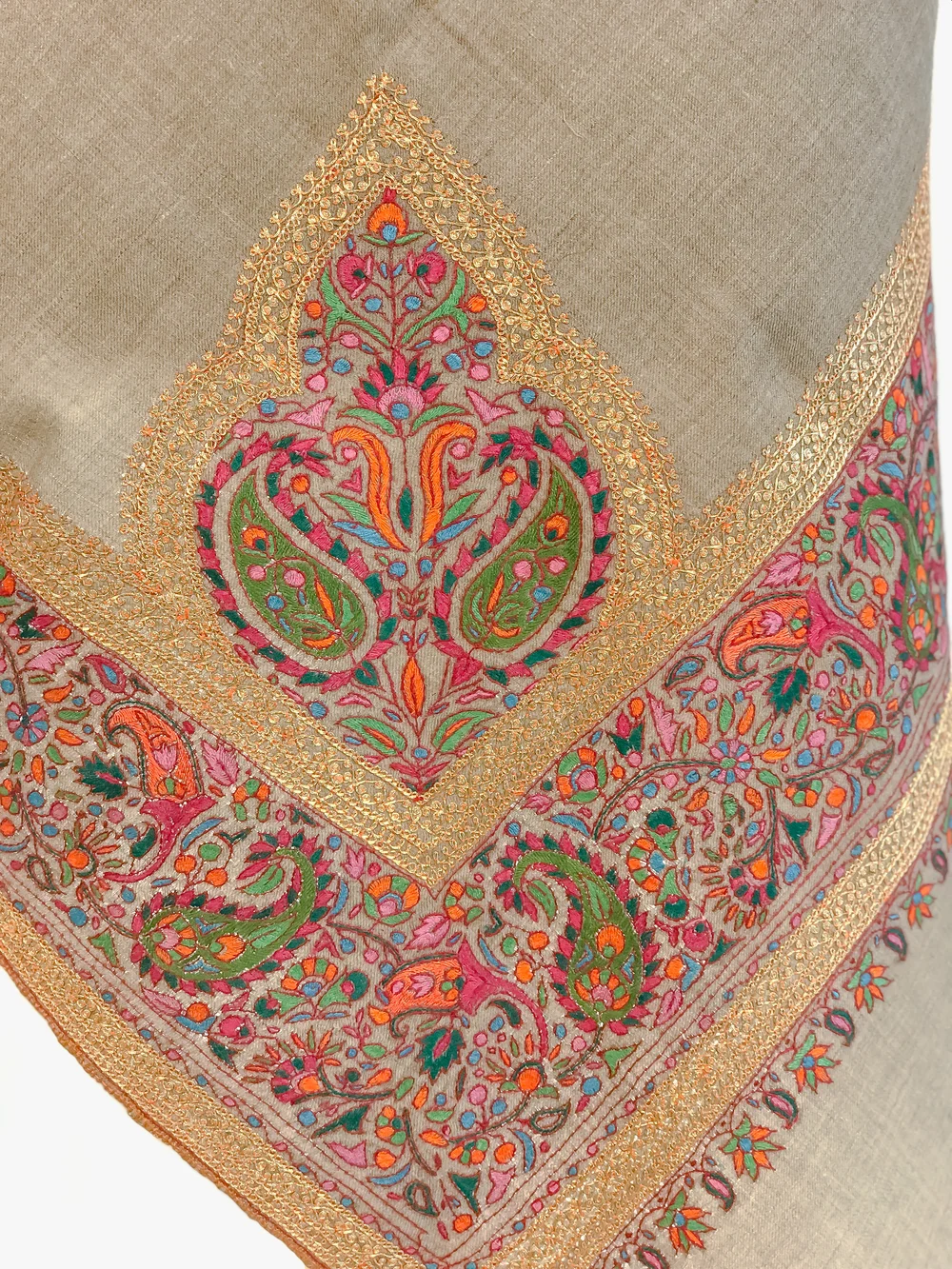 Natural Pure Pashmina Shawl With Papier Mache and Tilla Border Design Front