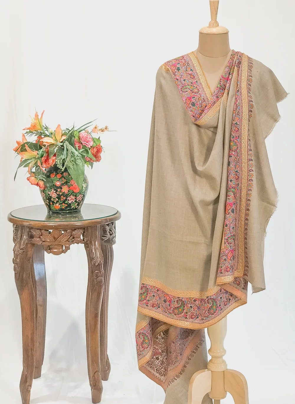 Natural Pure Pashmina Shawl With Papier Mache and Tilla Border Design