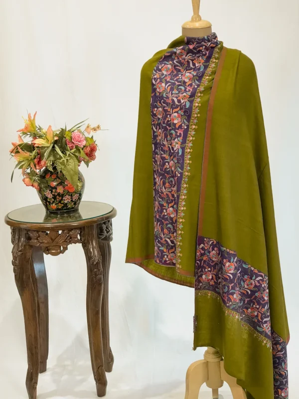 Olive Green Reversible Pure Pashmina Shawl With Papier Mache Palla Design