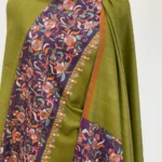 Olive Green Reversible Pure Pashmina Shawl With Papier Mache Palla Design Front