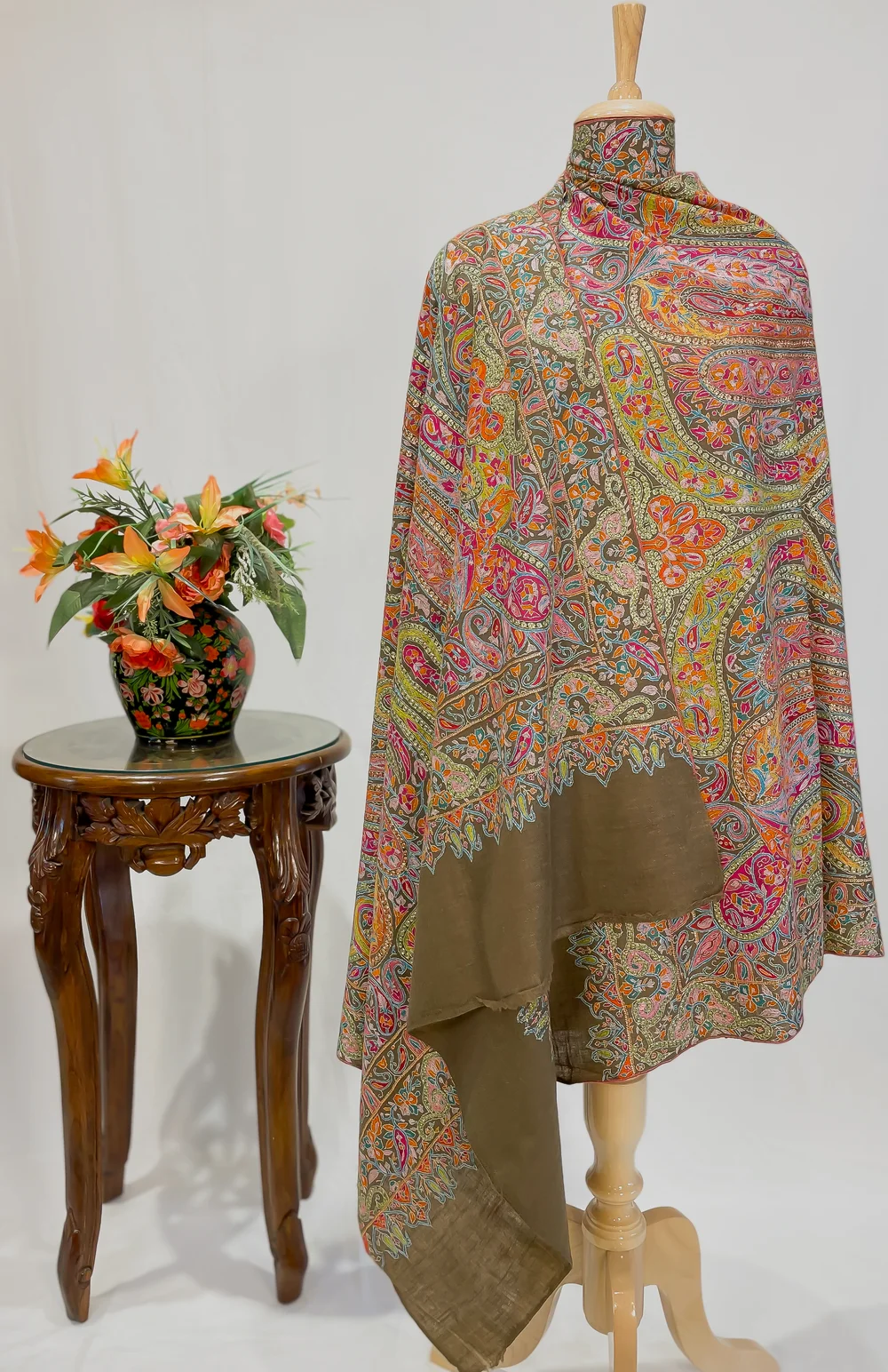 Olive Green Pure Pashmina Shawl With Multi-Colour Jama Hand Embroidery
