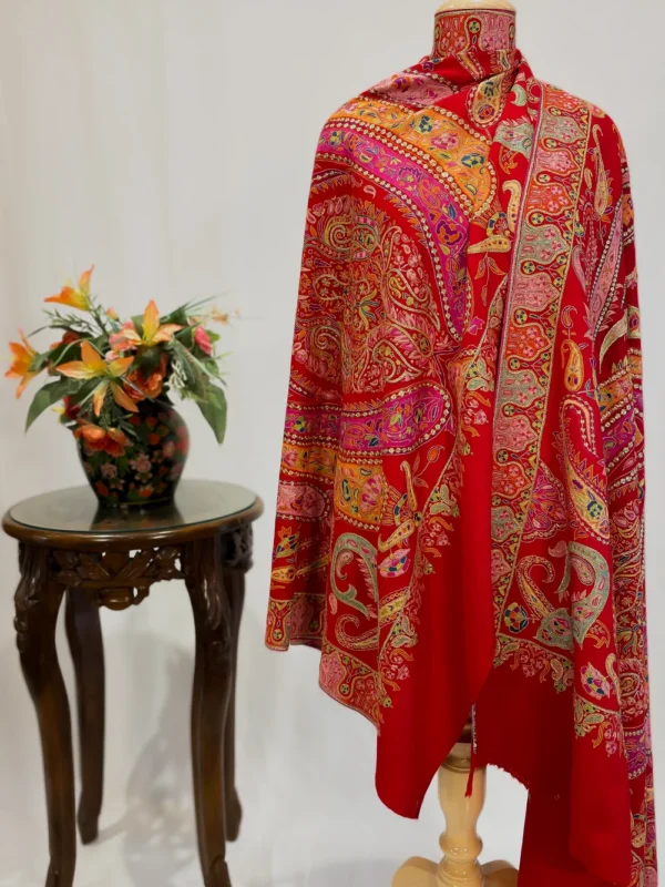 Red Pure Pashmina Shawl With Multi-Colour Jama Hand Embroidery