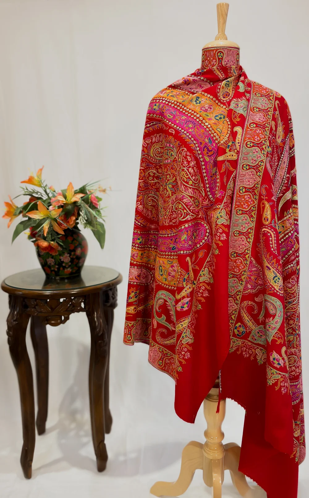 Red Pure Pashmina Shawl With Multi-Colour Jama Hand Embroidery