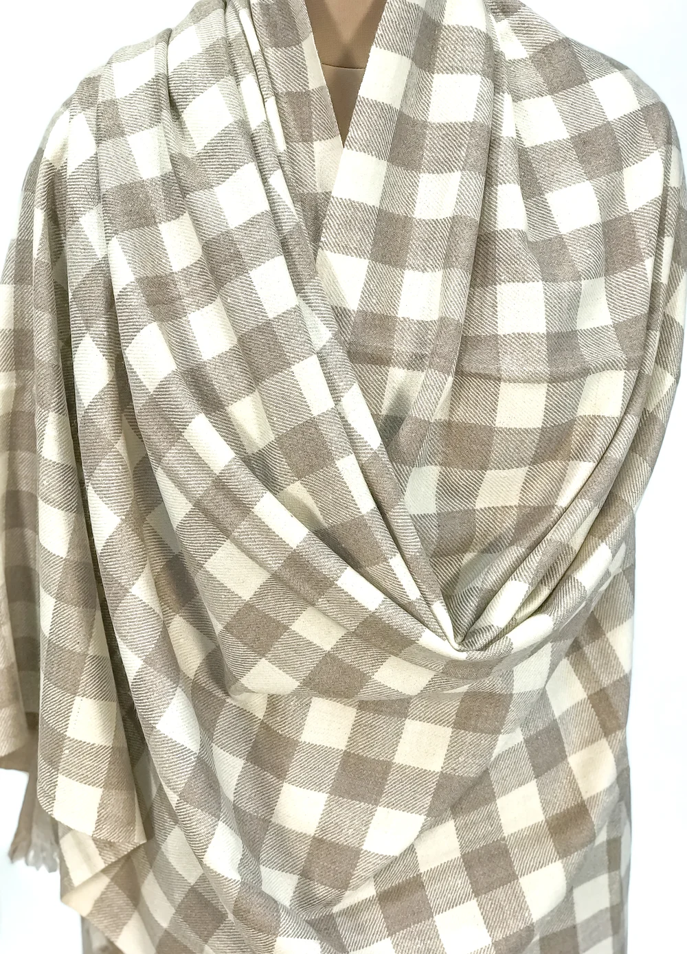 Dark Beige Checked Ladakhi Pashmina Shawl Front Dark Beige Checked Ladakhi Pashmina Shawl Front