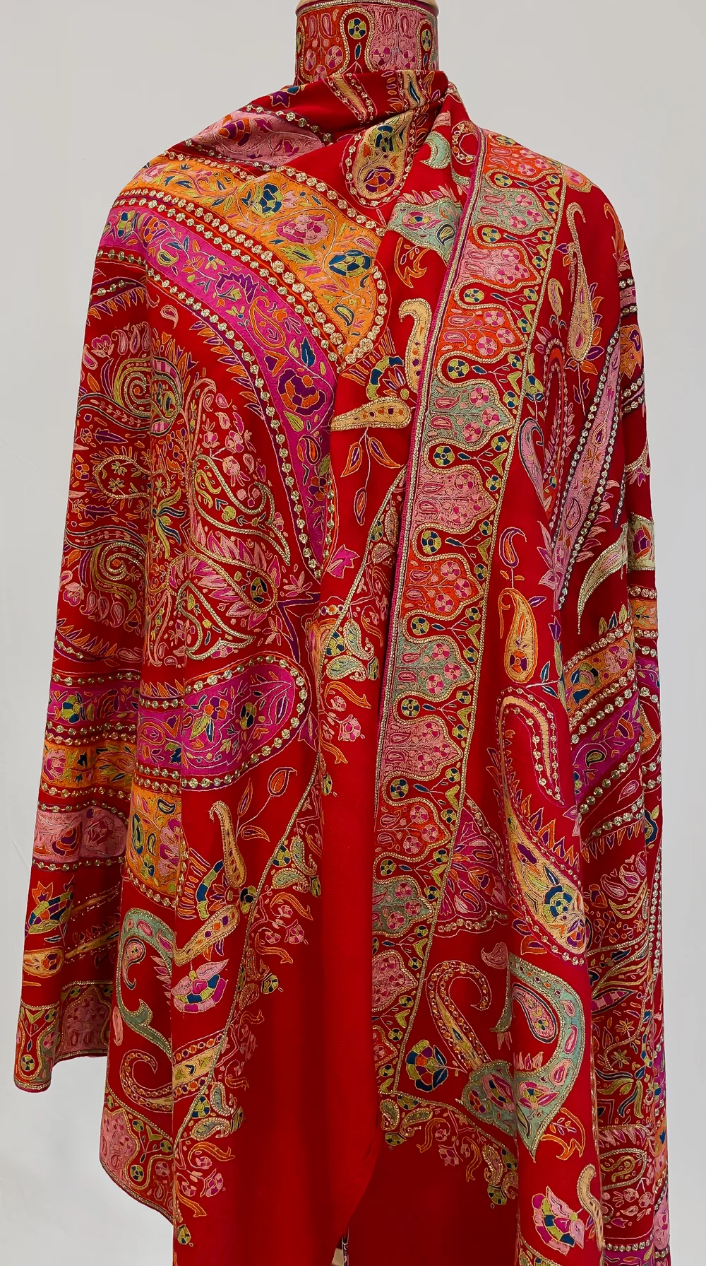 Red Pure Pashmina Shawl With Multi-Colour Jama Hand Embroidery Front