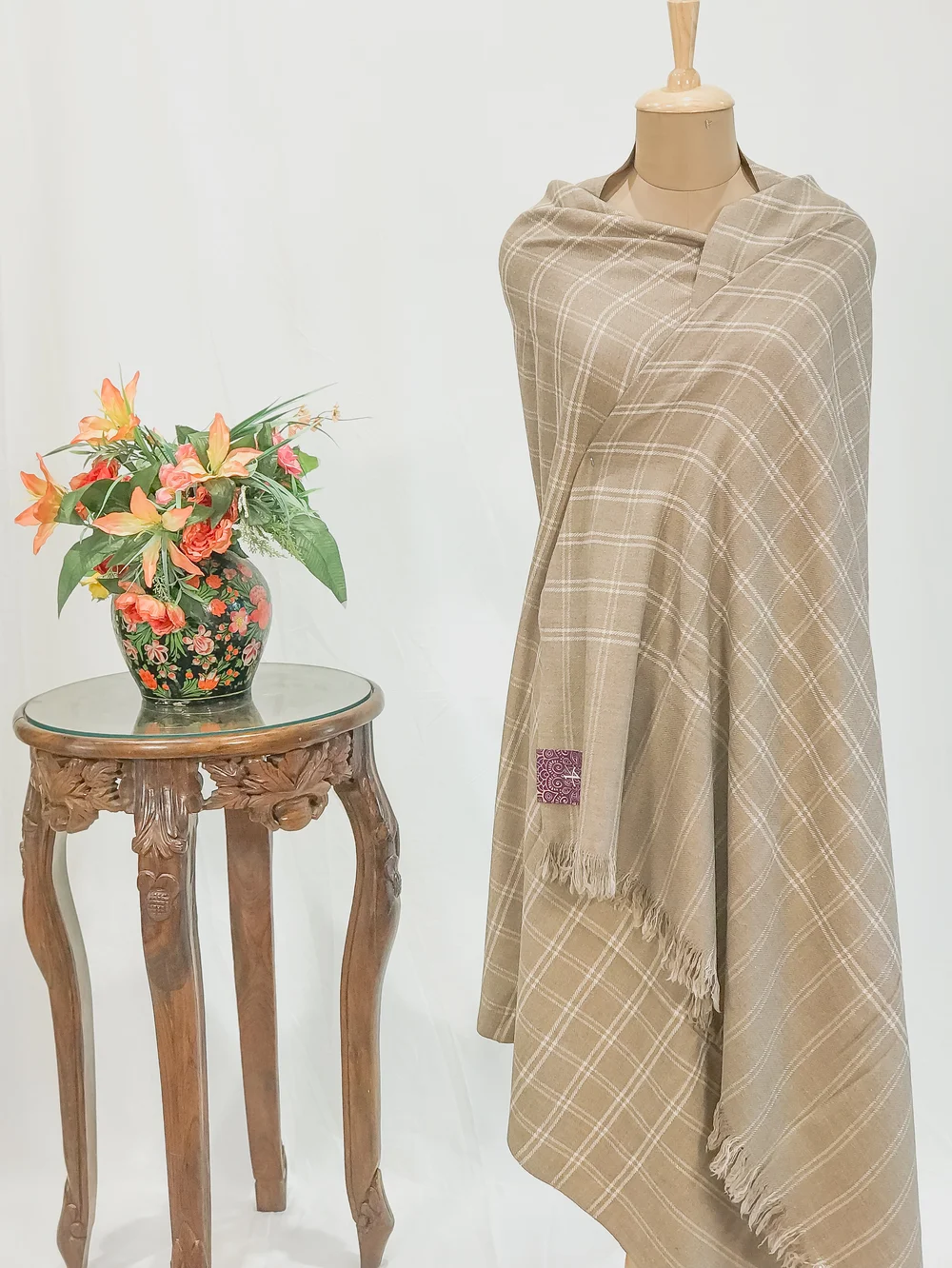 Beige Small Checked Ladakhi Pashmina Shawl Beige Small Checked Ladakhi Pashmina Shawl