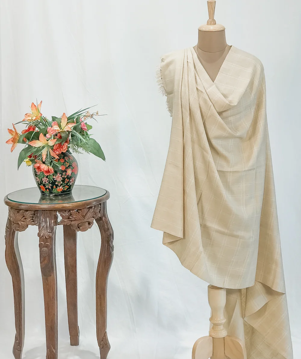 Cream Small Checked Ladakhi Pashmina Shawl Cream Small Checked Ladakhi Pashmina Shawl