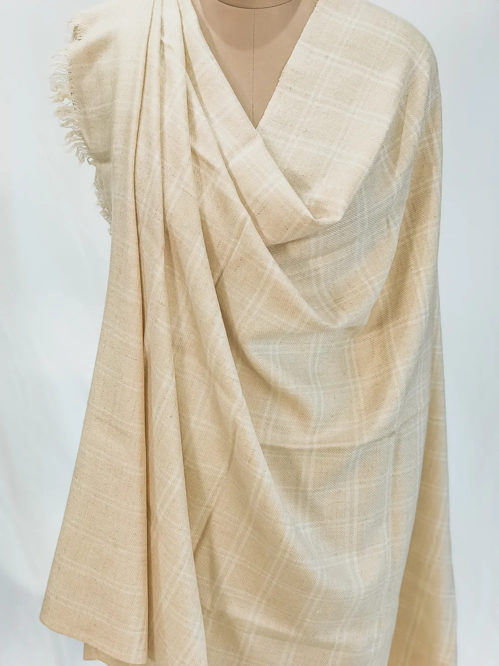 Cream Small Checked Ladakhi Pashmina Shawl Front Cream Small Checked Ladakhi Pashmina Shawl Front