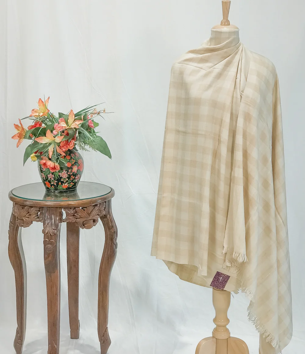 Cream Checked Ladakhi Pashmina Shawl