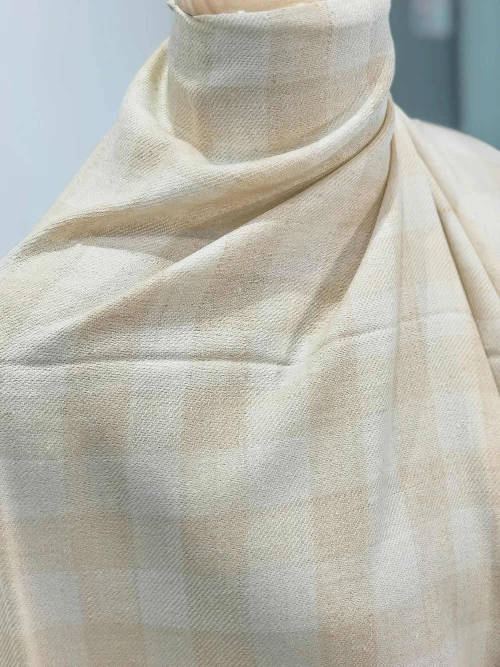 Cream Checked Ladakhi Pashmina Shawl Front