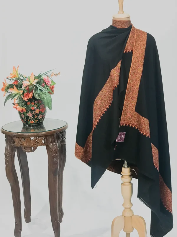 Black Pure Pashmina Shawl With Sozni Hand Embroidery