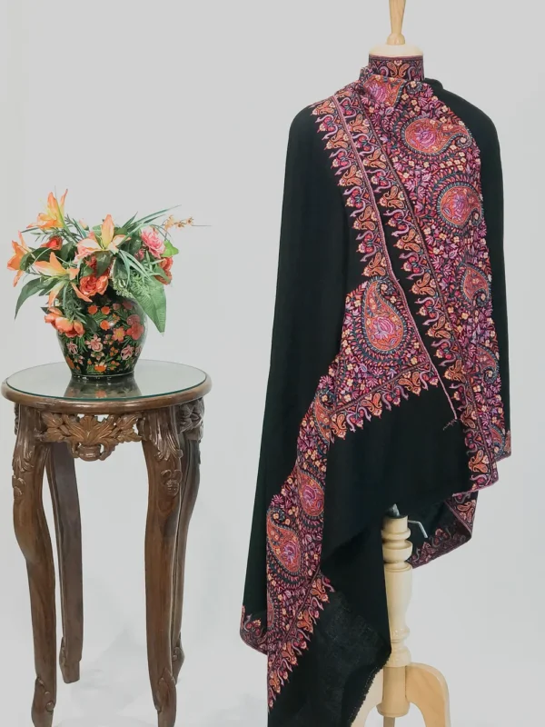 Black Pure Pashmina Shawl With Papier Mache Border Design