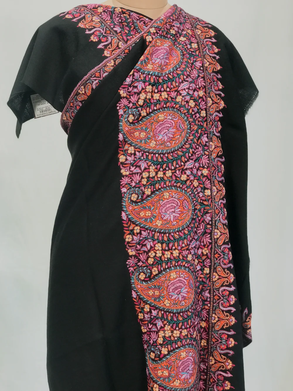 Black Pure Pashmina Shawl With Papier Mache Border Design Front Black Pure Pashmina Shawl With Papier Mache Border Design Front